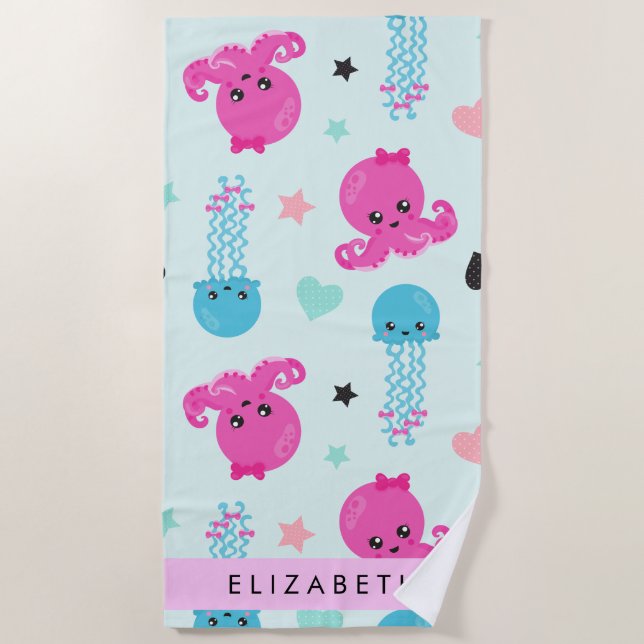 Sea Animals, Octopus, Jellyfish, Hearts, Your Name Beach Towel (Front)