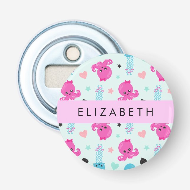 Sea Animals, Octopus, Jellyfish, Hearts, Your Name Bottle Opener (Front)