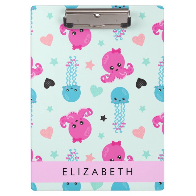Sea Animals, Octopus, Jellyfish, Hearts, Your Name Clipboard (Front)