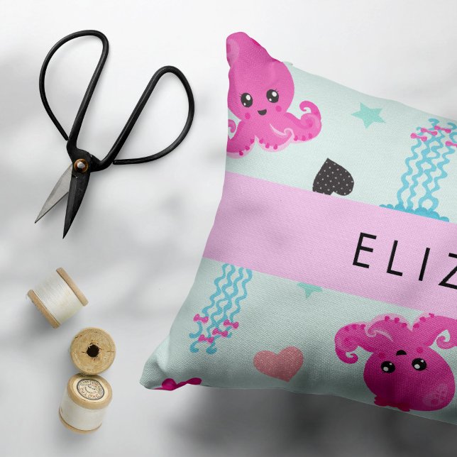 Sea Animals, Octopus, Jellyfish, Hearts, Your Name Decorative Cushion (Creator Uploaded)