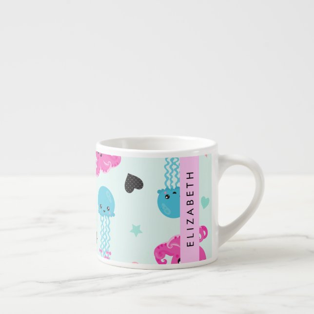 Sea Animals, Octopus, Jellyfish, Hearts, Your Name Espresso Cup (Right)