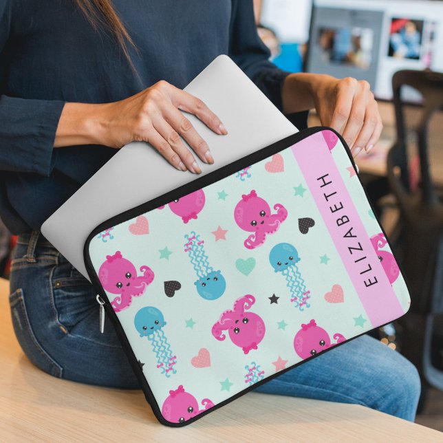 Sea Animals, Octopus, Jellyfish, Hearts, Your Name Laptop Sleeve (Creator Uploaded)