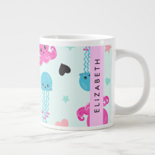 Sea Animals, Octopus, Jellyfish, Hearts, Your Name Large Coffee Mug