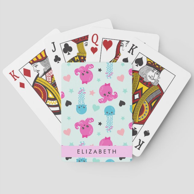 Sea Animals, Octopus, Jellyfish, Hearts, Your Name Playing Cards (Back)