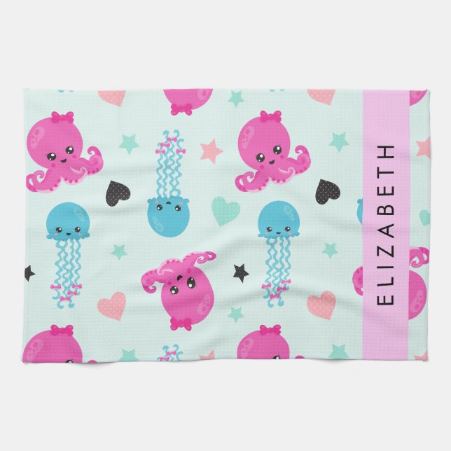 Sea Animals, Octopus, Jellyfish, Hearts, Your Name Tea Towel (Horizontal)