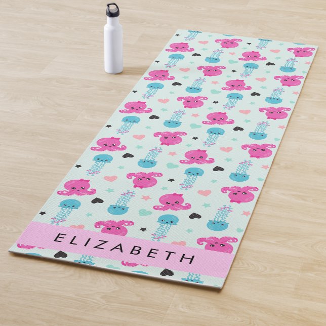Sea Animals, Octopus, Jellyfish, Hearts, Your Name Yoga Mat (In Situ)