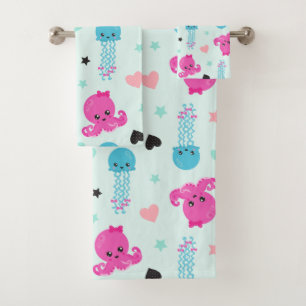 Sea Animals, Sea Life, Octopus, Jellyfish, Hearts Bath Towel Set