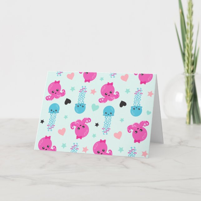 Sea Animals, Sea Life, Octopus, Jellyfish, Hearts Card (Front)