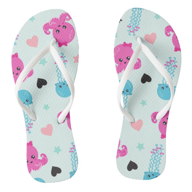 Sea Animals, Sea Life, Octopus, Jellyfish, Hearts Flip Flops (Footbed)