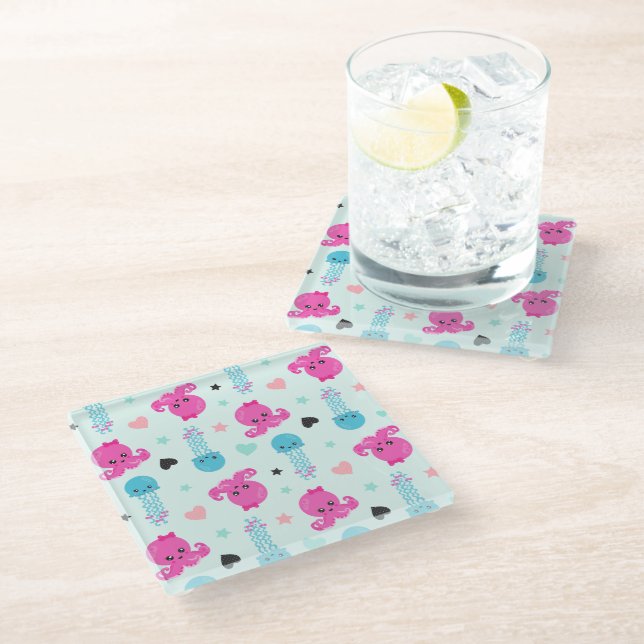 Sea Animals, Sea Life, Octopus, Jellyfish, Hearts Glass Coaster (Angled)