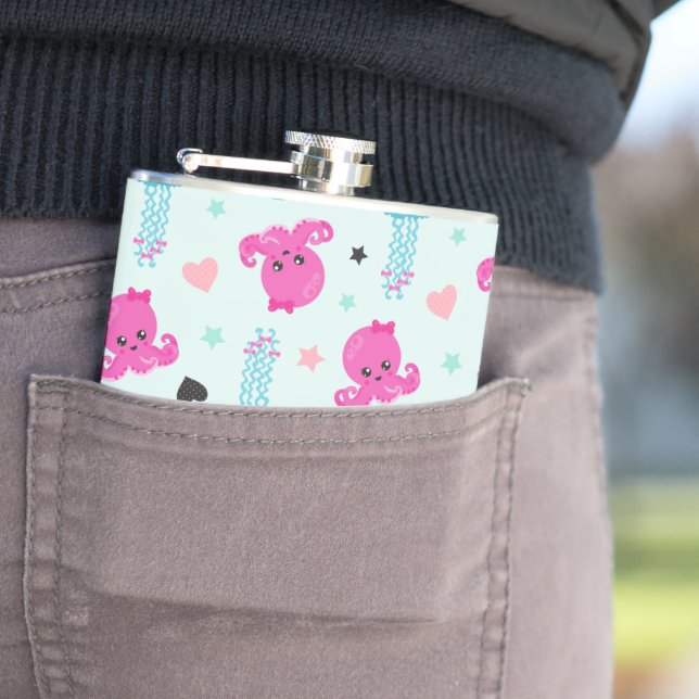 Sea Animals, Sea Life, Octopus, Jellyfish, Hearts Hip Flask (In Situ)