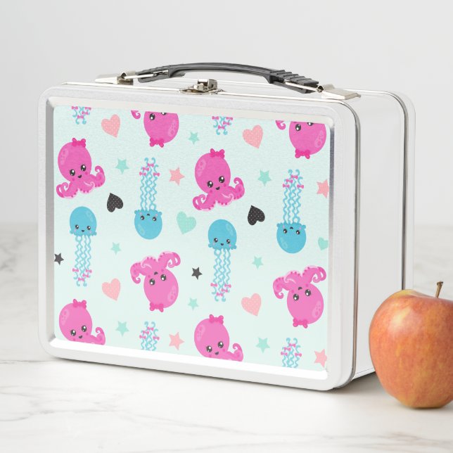 Sea Animals, Sea Life, Octopus, Jellyfish, Hearts Metal Lunch Box (In Situ)