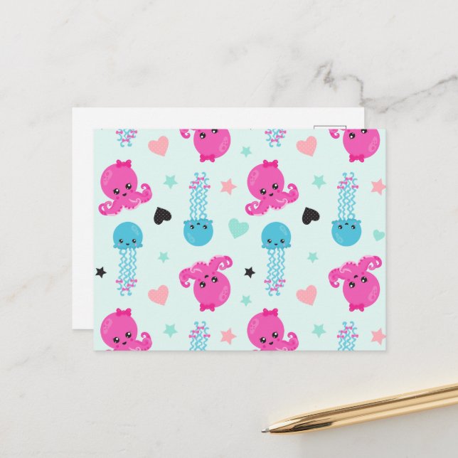 Sea Animals, Sea Life, Octopus, Jellyfish, Hearts Postcard (Front/Back In Situ)