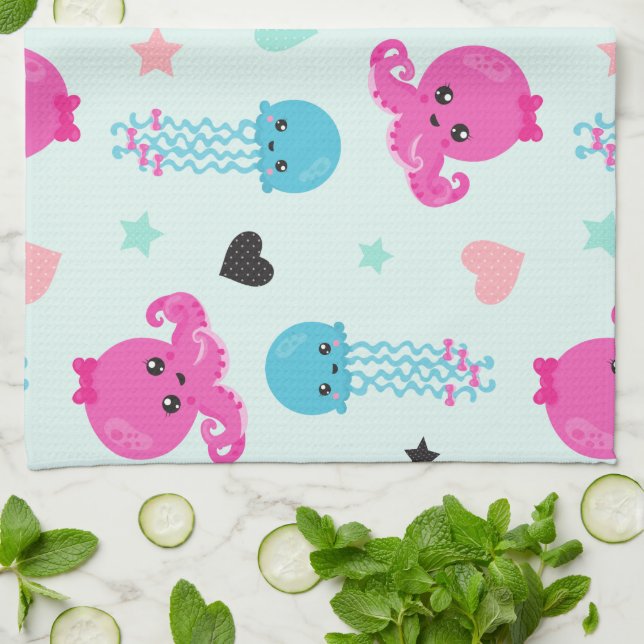 Sea Animals, Sea Life, Octopus, Jellyfish, Hearts Tea Towel (Folded)