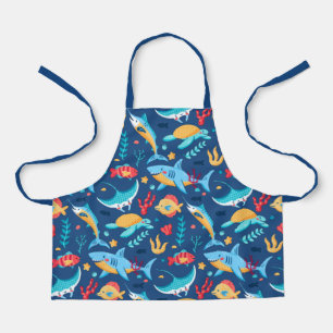 Sea Animals Shark Fish Turtle Navy Blue Apron