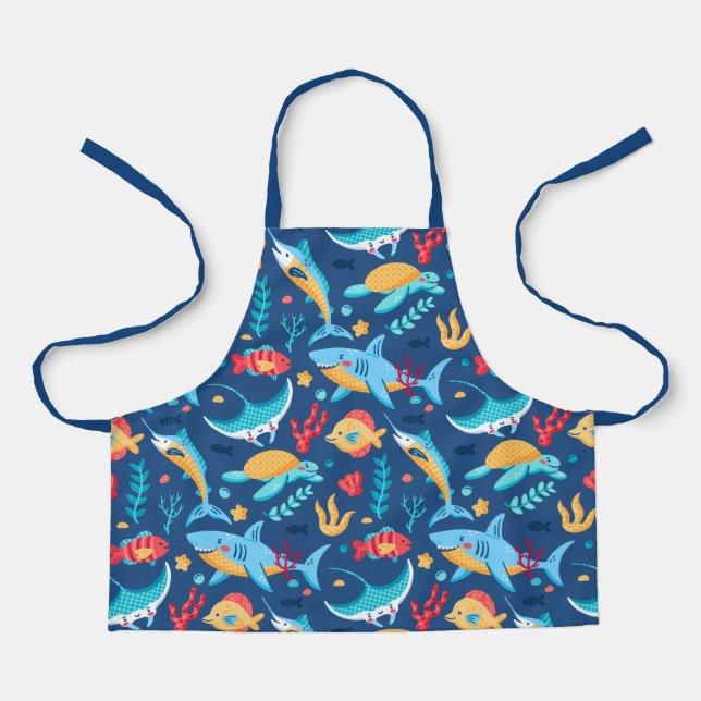 Sea Animals Shark Fish Turtle Navy Blue Apron (Front)