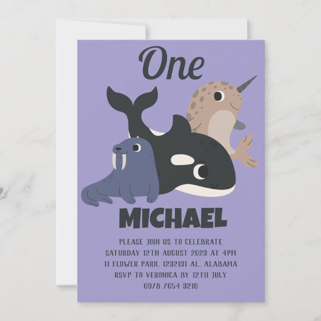 Sea Animals Simple Modern Cute First Birthday Baby Invitation (Front)