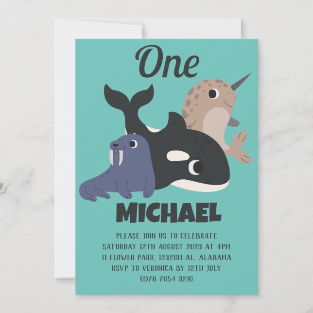 Sea Animals Simple Modern Cute First Birthday Baby Invitation (Front)