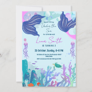 Sea Animals Theme Birthday Girl Mermaid Party Invitation