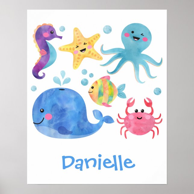 sea animals, watercolor sea animals, fish, whale poster (Front)