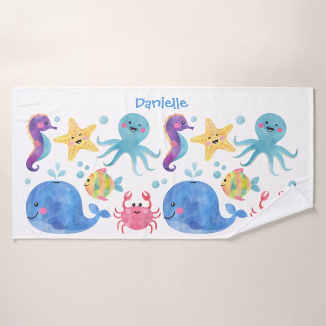 sea animals, watercolor sea animals, kids bathroom bath towel (Bath Towel)