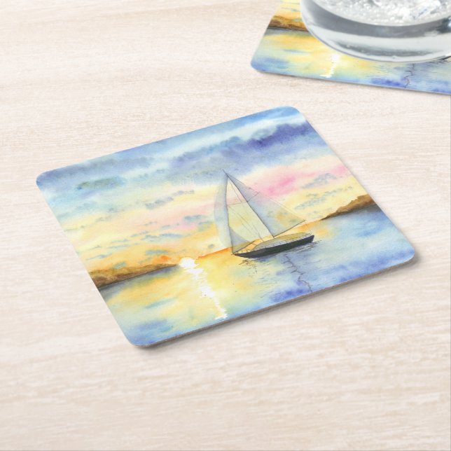 Sea at sunset square paper coaster (Angled)