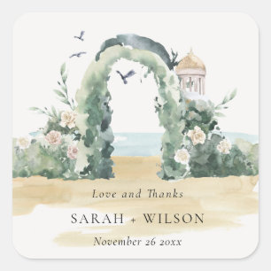 Sea Beach Floral Arch Botanical Wedding Thanks Square Sticker