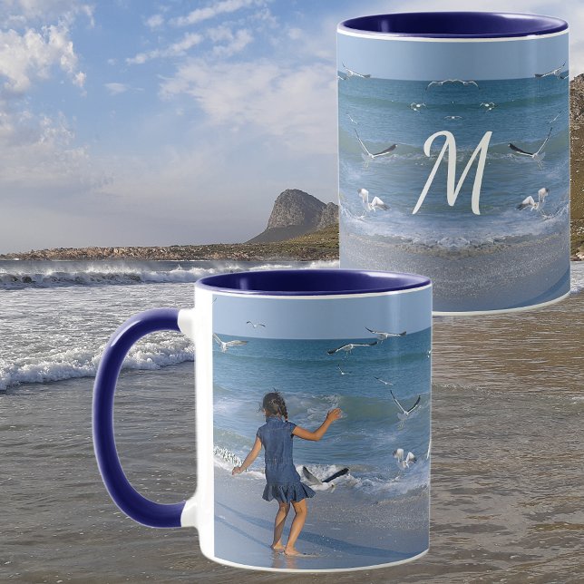 Sea Beach Photo Modern White Initial on Blue  Mug (Left & Front view with Background)