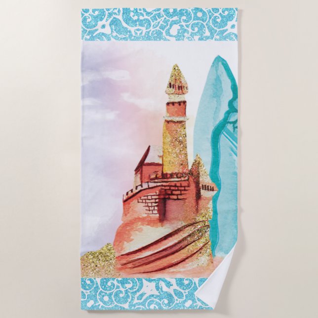 *~* Sea Beach Surf Board  Sand Castle Beach Towel (Front)