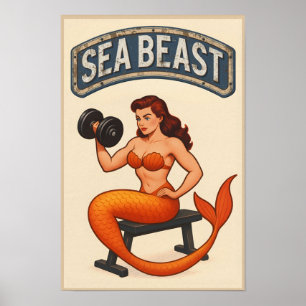 Sea Beast Gym Mermaid Retro Pin-Up Fitness Art Poster