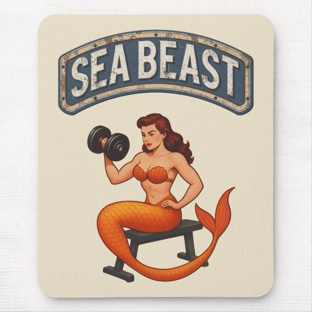 Sea Beast Gym Mermaid Retro Pin-Up Fitness Lover Mouse Mat (Front)