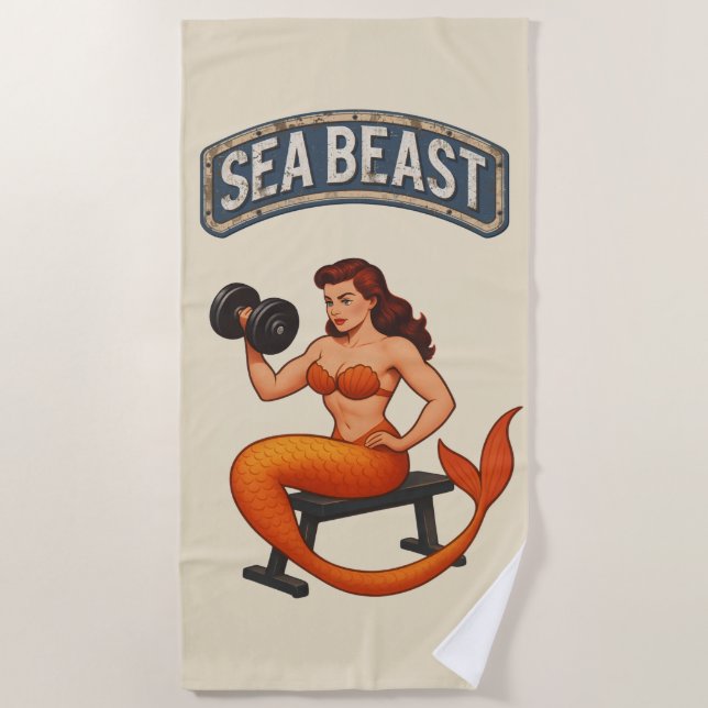 Sea Beast Gym Mermaid | Retro Pin-Up Workout Gear Beach Towel (Front)