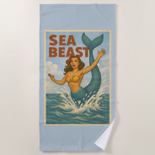 Sea Beast Retro Mermaid Funny Coastal Beach Blue Beach Towel