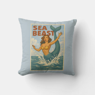 Sea Beast Retro Mermaid Funny Coastal Beach Blue Cushion
