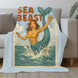 Sea Beast Retro Mermaid   Funny Coastal Beach Blue Fleece Blanket