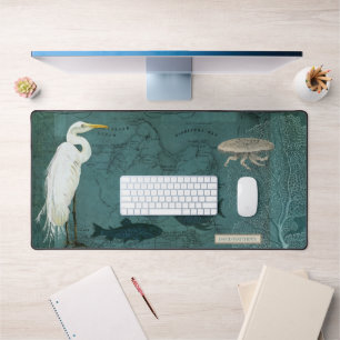 Sea Bird Botanical Heron Fish Jellyfish Teal Blue Desk Mat