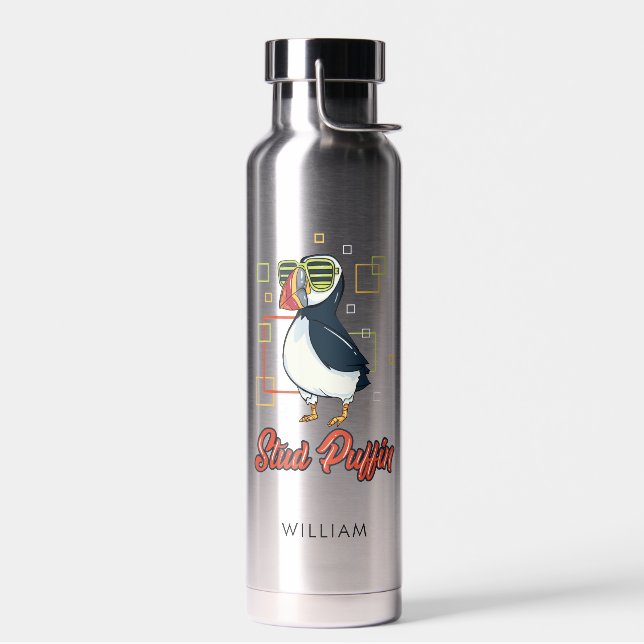 Sea Bird Stud Puffin Illustration Personalised Water Bottle (Left)