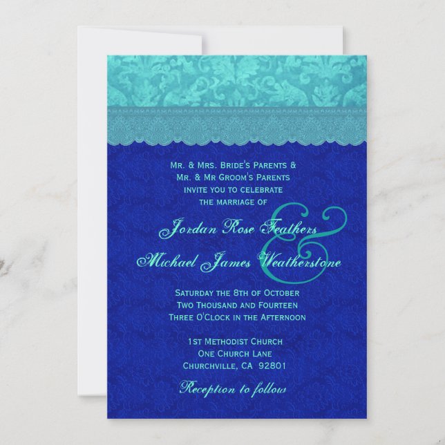 Sea Blue and Royal Blue Damask Wedding G500G Invitation (Front)