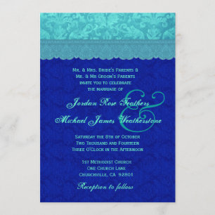 Sea Blue and Royal Blue Damask Wedding G500G Invitation