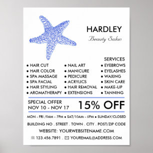 Sea Blue Beach Starfish, Beautician, Beauty Salon Poster