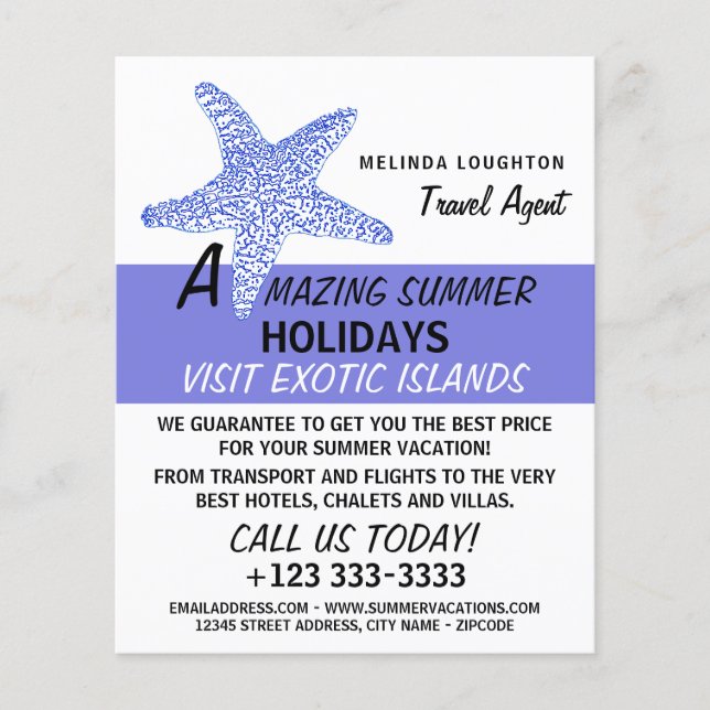 Sea Blue Beach Starfish, Travel Agent Advertising Flyer (Front)
