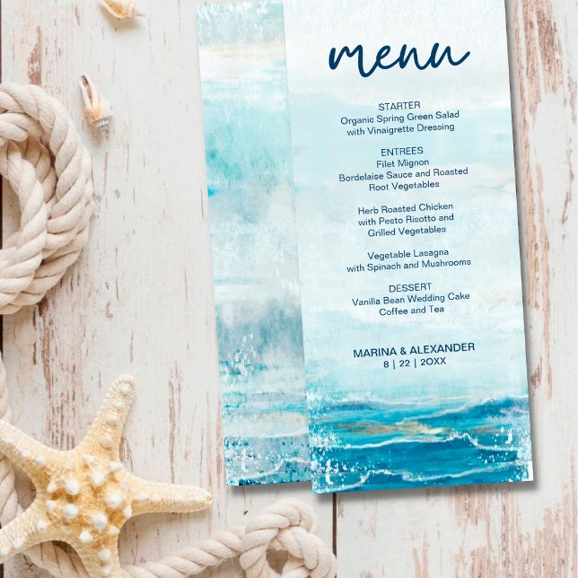 Sea Blue Beach Waves Watercolor Coastal Wedding Menu (Creator Uploaded)