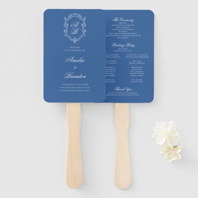 Sea Blue Botanical Monogram Crest Wedding Program Hand Fan (Front and Back)