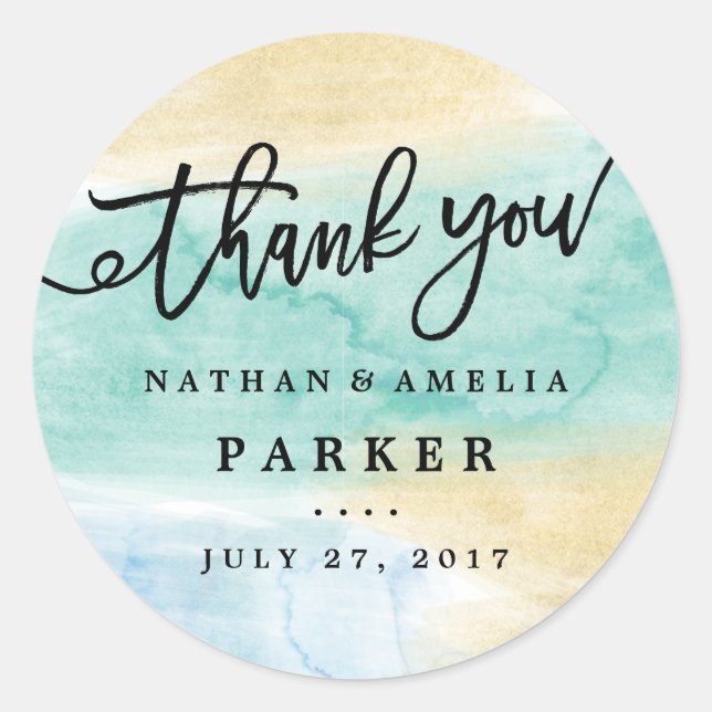 Sea Blue Gold Watercolor Thank You Wedding Sticker (Front)