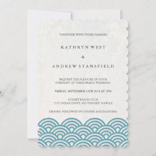 Sea Blue Green Stylised Sea Waves Beach Wedding Invitation