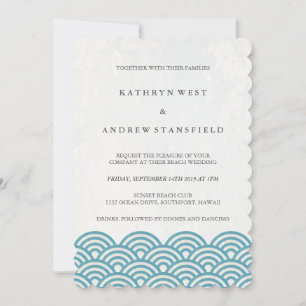 Sea Blue Green Stylised Sea Waves Beach Wedding Invitation