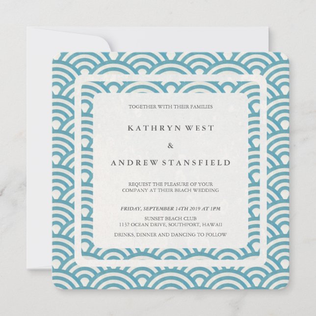 Sea Blue Green Stylised Waves Modern Wedding Invitation (Front)