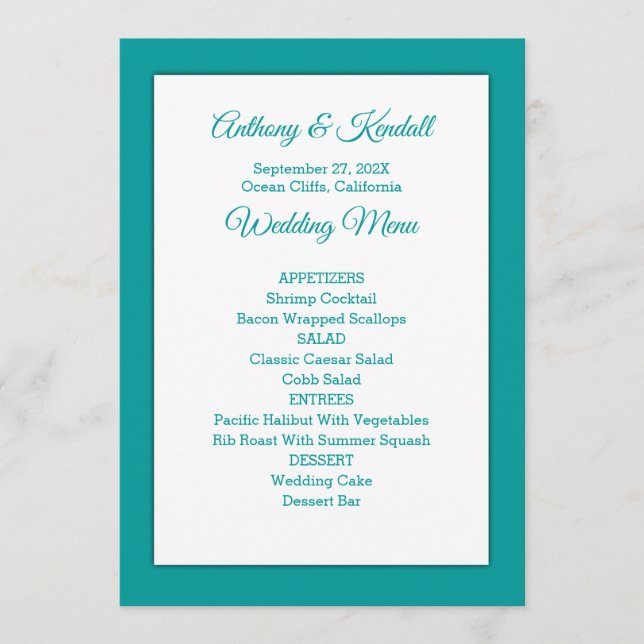 Sea Blue Green Wedding Menu Template (Front)