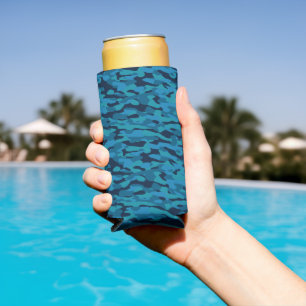 sea blue, midnight blue, teal blue, and blue camo seltzer can cooler