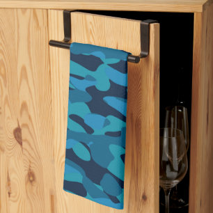 sea blue, midnight blue, teal blue, and blue camo tea towel